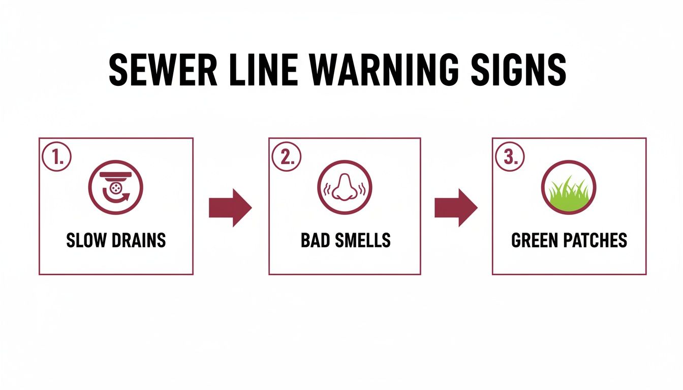Infographic Displaying Three Sewer Line Warning Signs: Slow Drains, Bad Smells, And Green Patches.