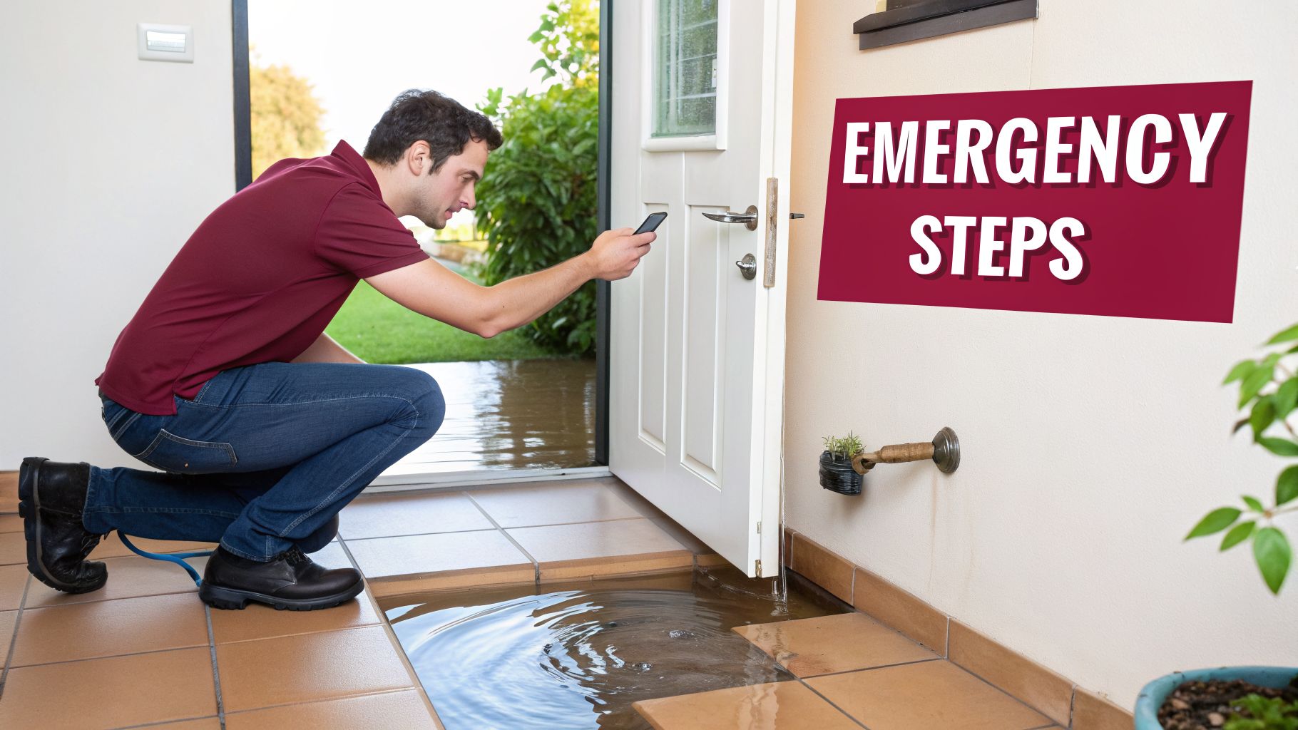 Man Taking A Photo Of Water Flooding Into His Home, With An &Quot;Emergency Steps&Quot; Sign.