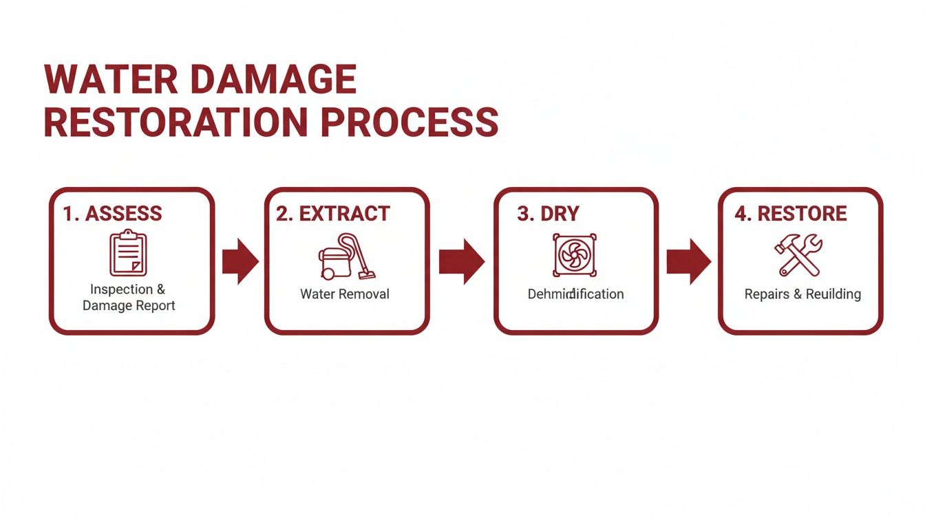 Visual Guide Outlining The Four-Step Water Damage Restoration Process: Assess, Extract, Dry, And Restore.
