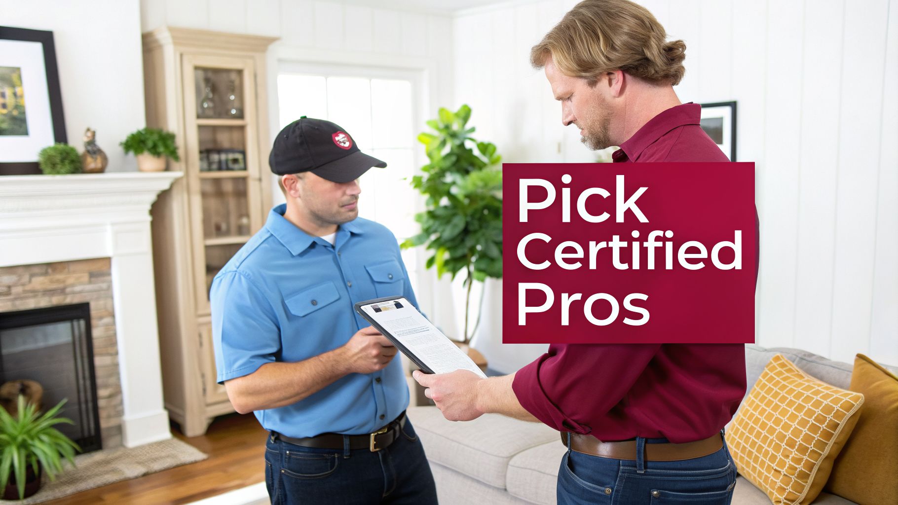 A Service Professional In A Cap And Uniform Shows A Document To A Customer In A Home.