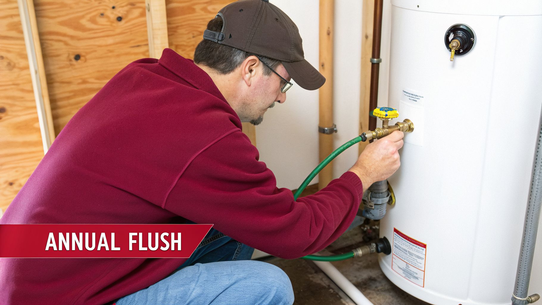 A Man In A Cap And Maroon Shirt Connects A Green Hose To A White Water Heater For An Annual Flush.