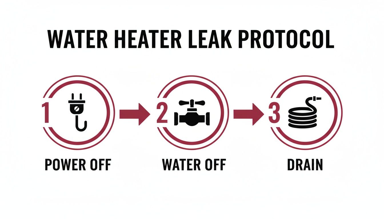 Infographic Showing A 3-Step Water Heater Leak Protocol: Power Off, Water Off, And Drain With Icons.