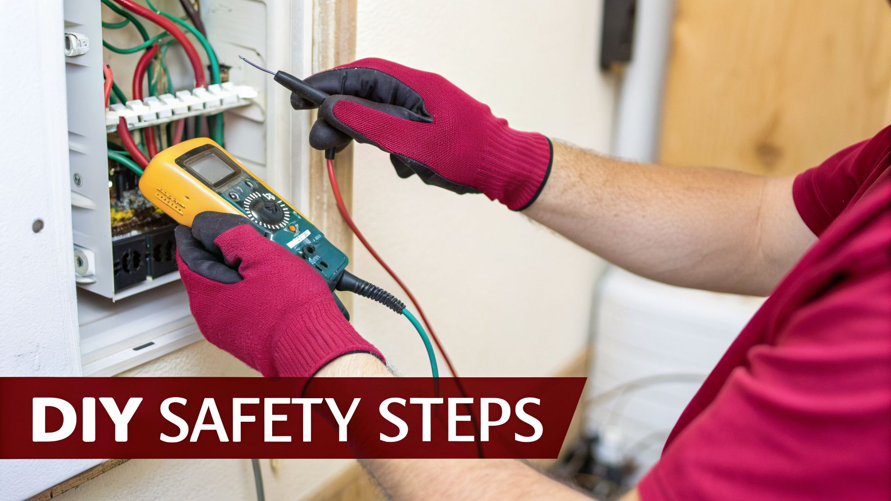 Solving Your Top Water Heater Problems A Practical Guide 3 Person Wearing Red Gloves Uses A Multimeter To Test An Open Electrical Panel With Wires.