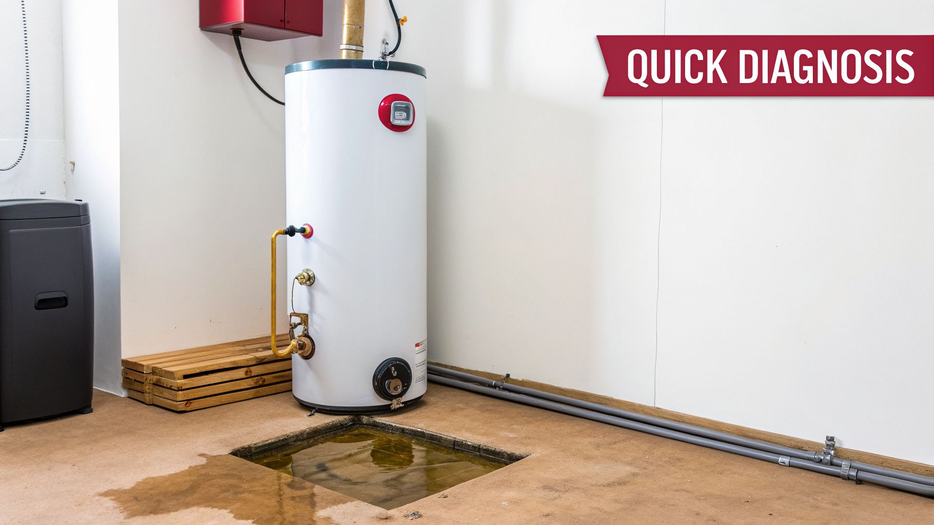 Solving Your Top Water Heater Problems A Practical Guide 2 A White Water Heater With A Significant Leak Creating A Large Puddle On The Basement Floor.