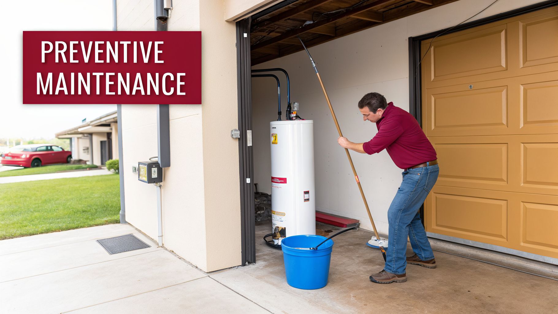 Solving Your Top Water Heater Problems A Practical Guide 4 A Man Performing Preventive Maintenance On A Water Heater In A Garage, Using A Long Tool.