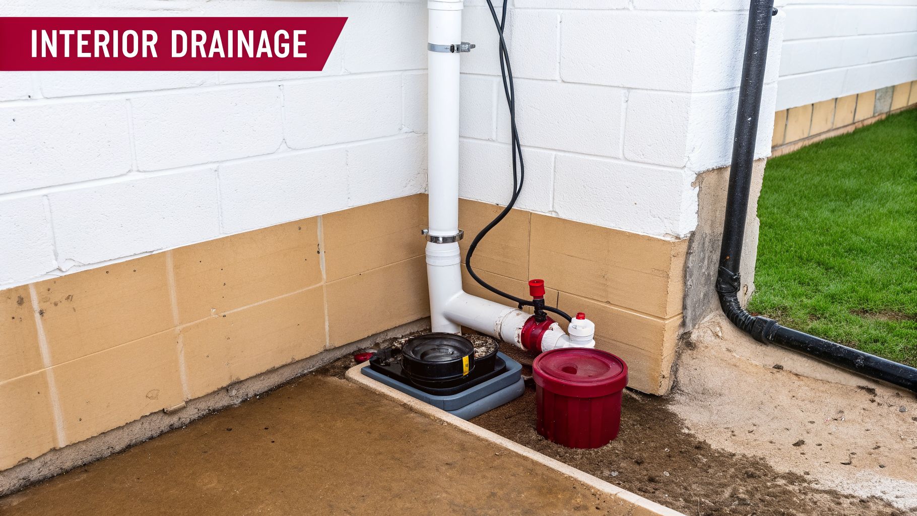 Interior Basement Corner With A Drainage System, Including A Sump Pump, Pipes, And A Red Bucket.