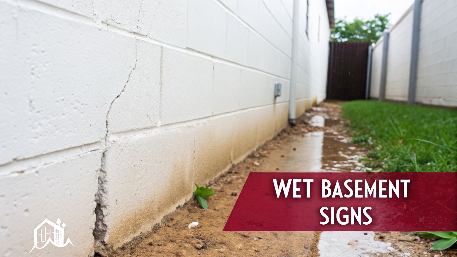 A Cracked White Concrete Block Foundation Wall With A Dirt Path And Standing Water, Highlighting Wet Basement Signs.