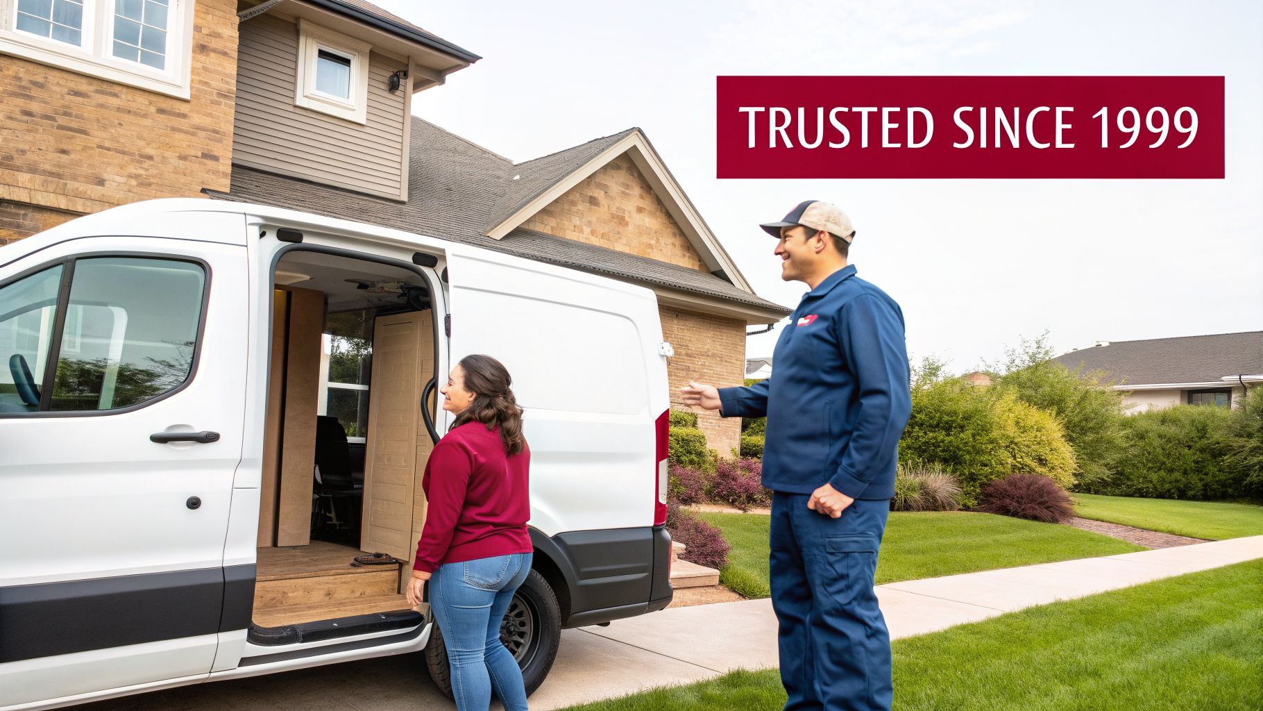 A Man And Woman By A Delivery Van Loaded With Wooden Panels Outside A House.