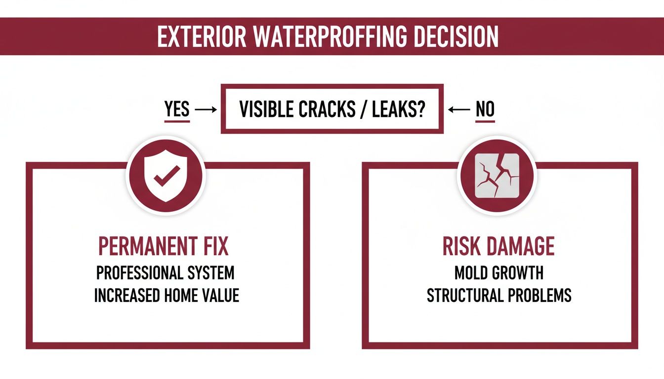 A Decision Tree Flowchart For Exterior Waterproofing, Detailing Steps For Visible Cracks Or Leaks.