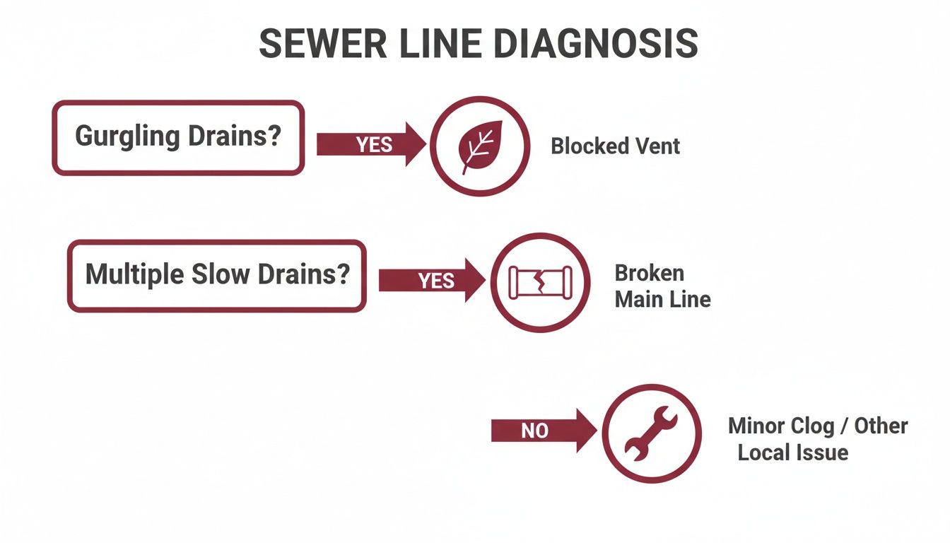 A Sewer Line Diagnosis Flowchart Showing Common Drain Issues And Their Likely Causes.