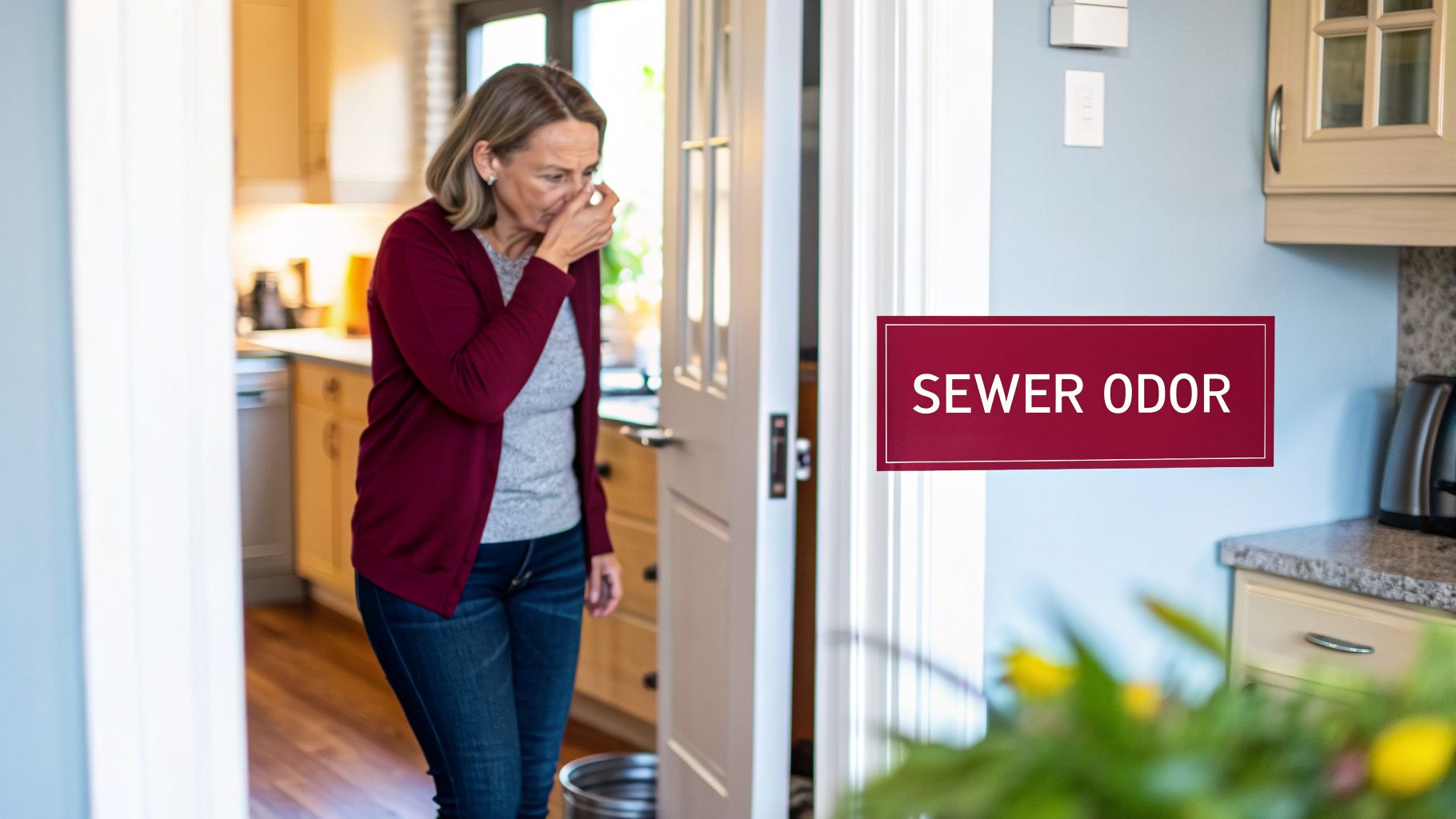 A Woman Pinching Her Nose Due To A Foul Sewer Odor In Her House.