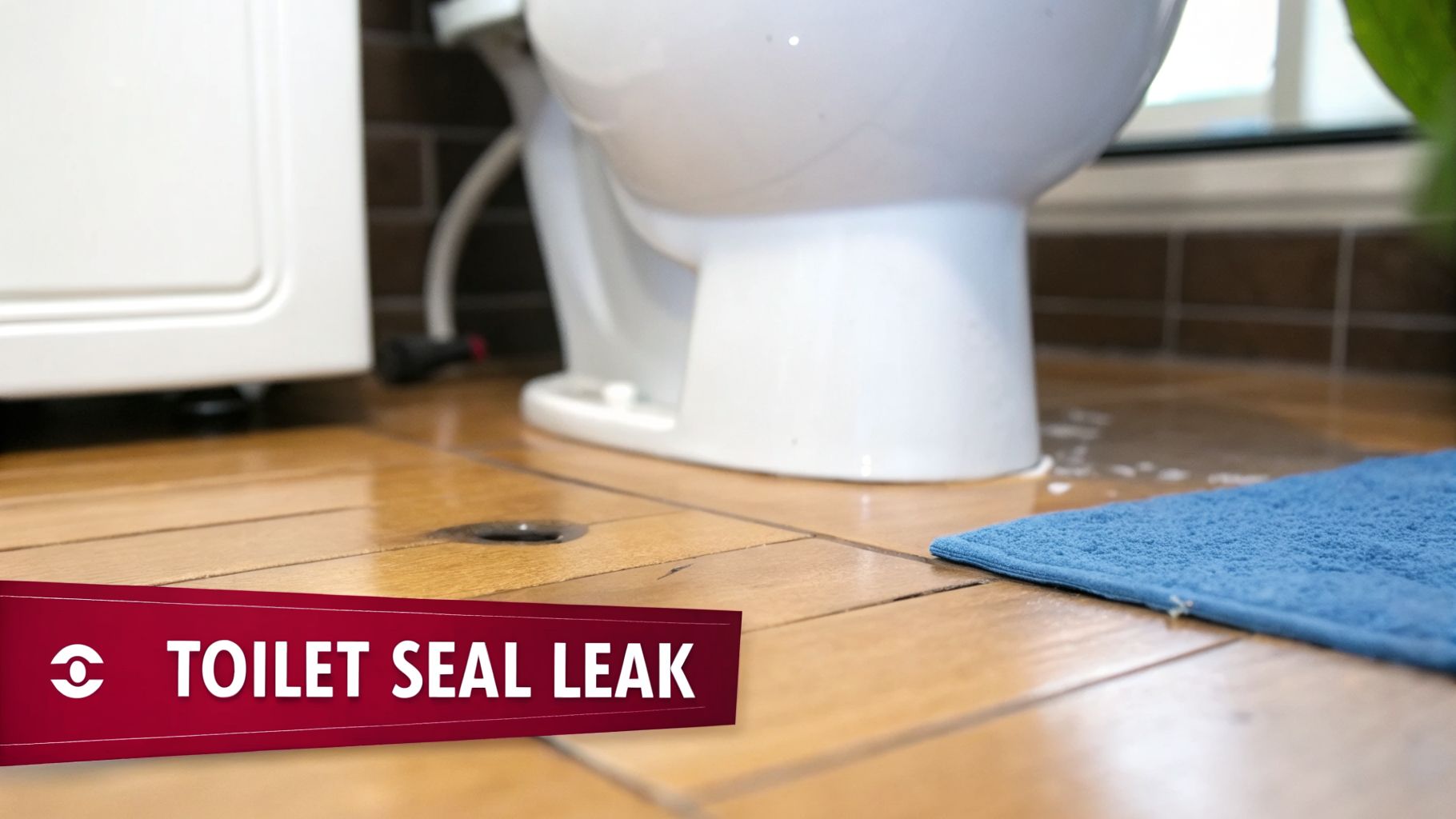 A Toilet With Water Leaking From Its Base Onto A Wooden-Look Tiled Floor, Indicating A Toilet Seal Leak.