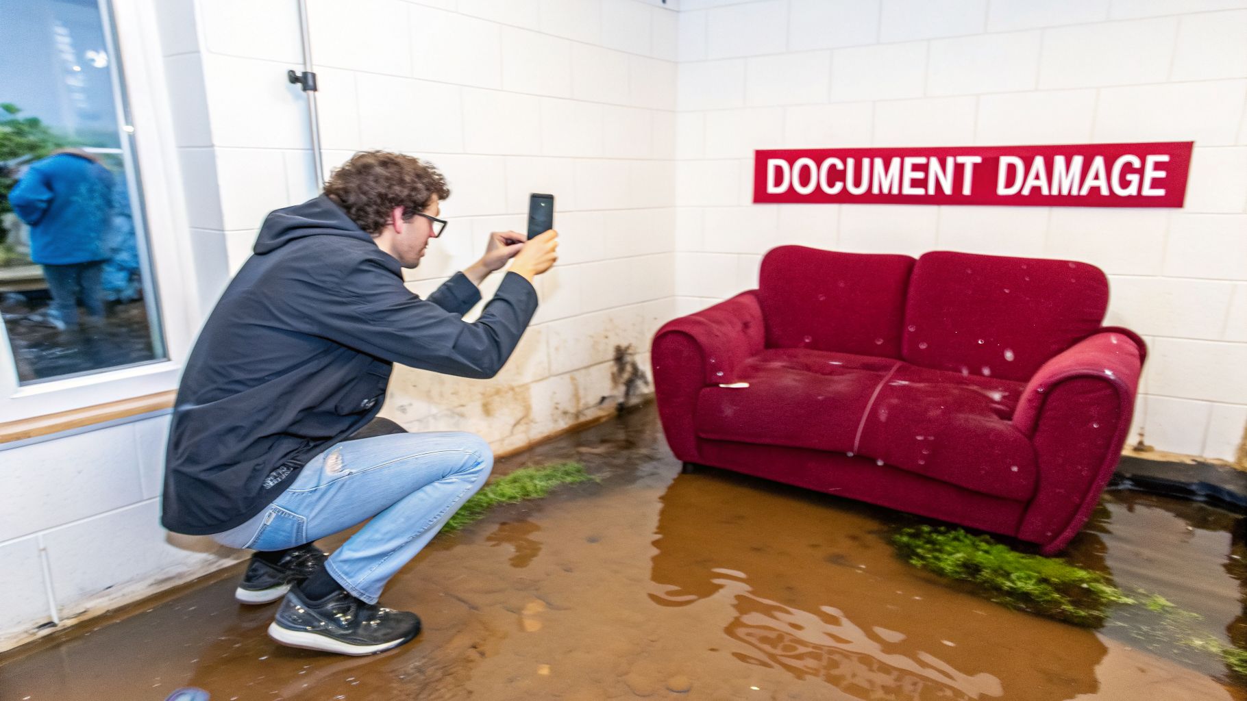 A Man Crouches, Taking A Photo Of A Flooded Room With A Red Couch And &Quot;Document Damage&Quot; Sign.