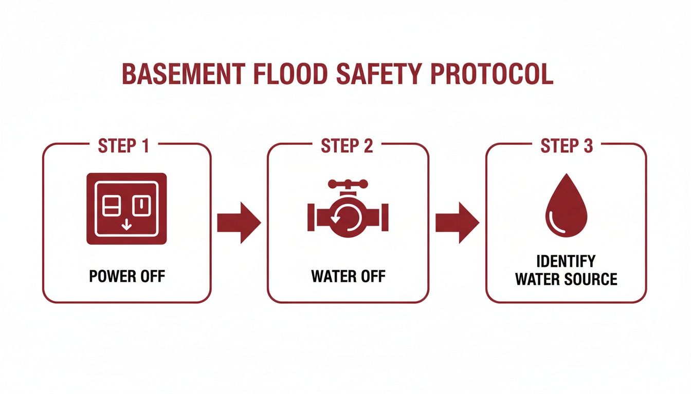 Infographic Detailing Three Steps For Basement Flood Safety: Power Off, Water Off, And Identify Water Source.