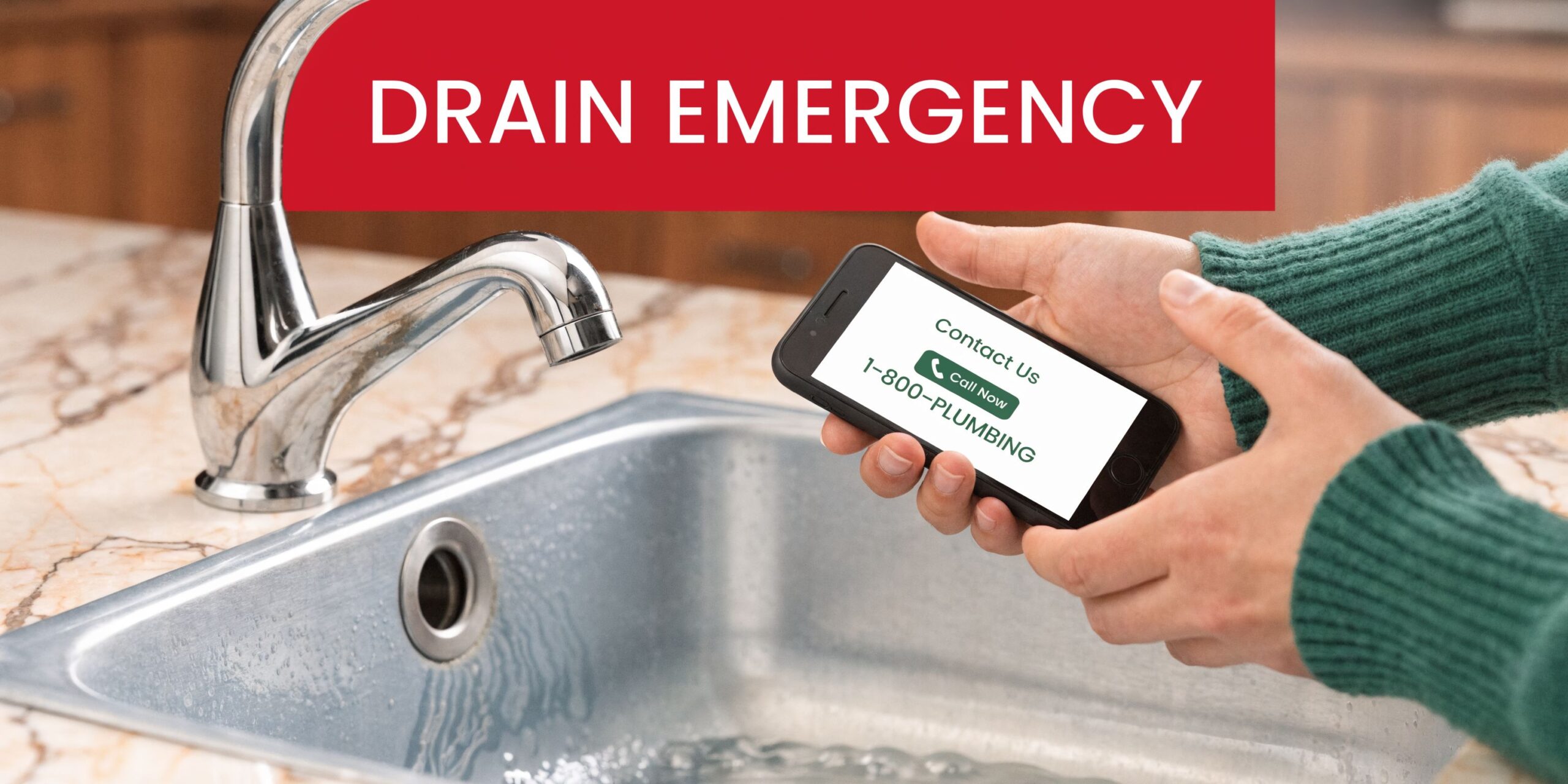 A Person Holding A Smartphone Showing A Plumbing Contact Number Next To A Kitchen Sink Faucet.