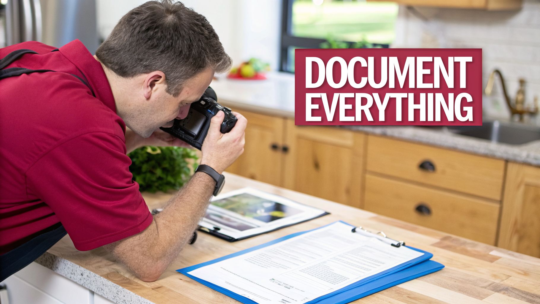 A Man Photographs Documents And Items On A Kitchen Counter, With A &Quot;Document Everything&Quot; Banner.