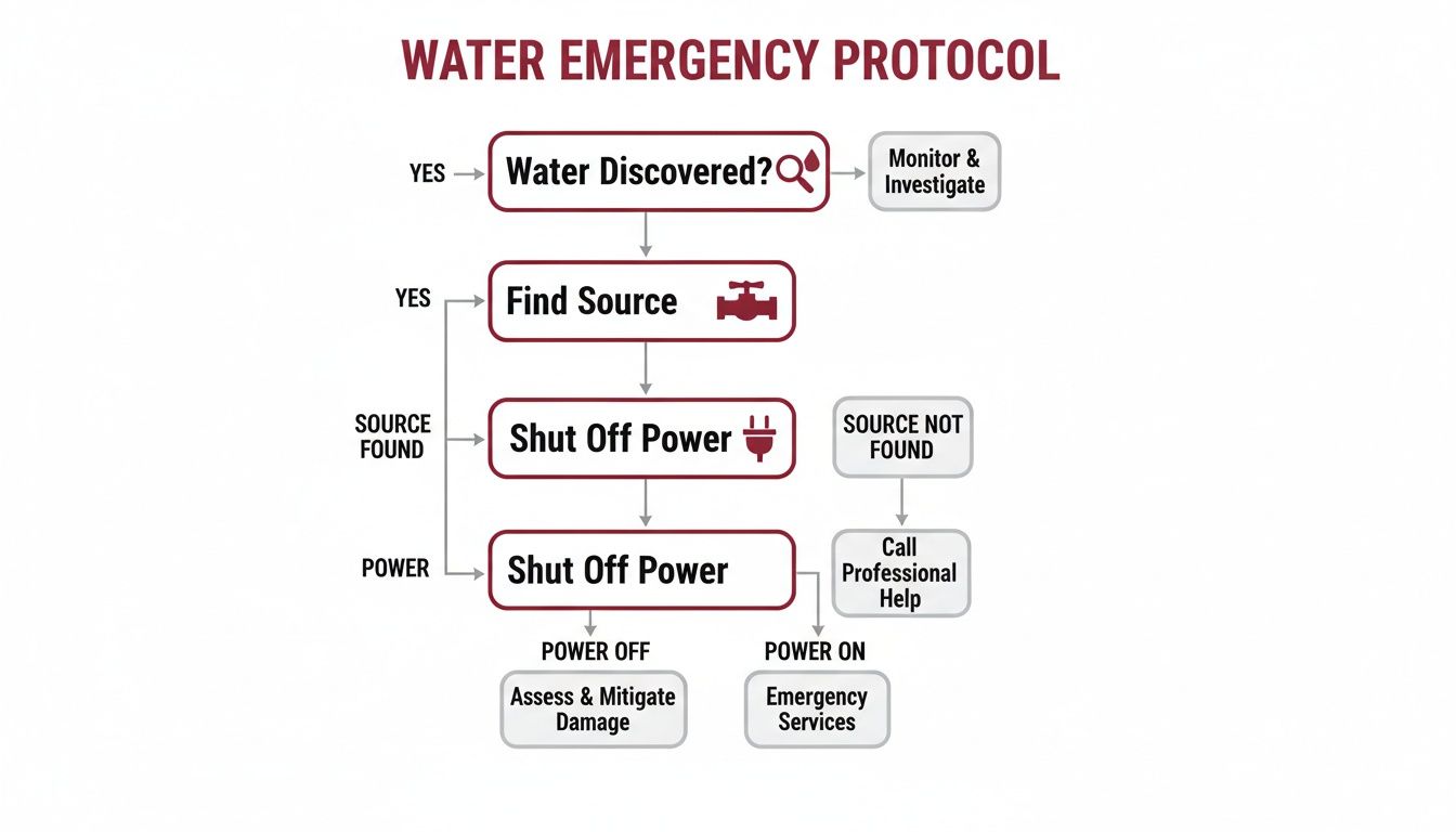 Flowchart Detailing Water Emergency Protocol: From Discovery And Source Finding To Shutting Off Power And Mitigation.