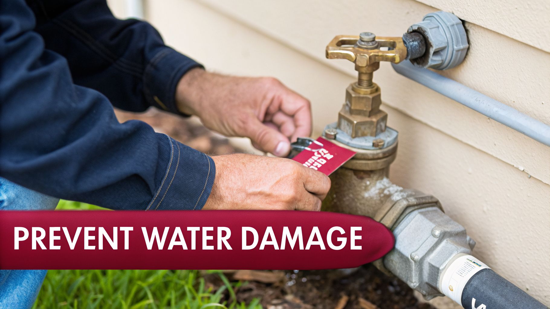 A Person'S Hands Secure An Outdoor Water Spigot With A Red Tag, Text Reads: Prevent Water Damage.