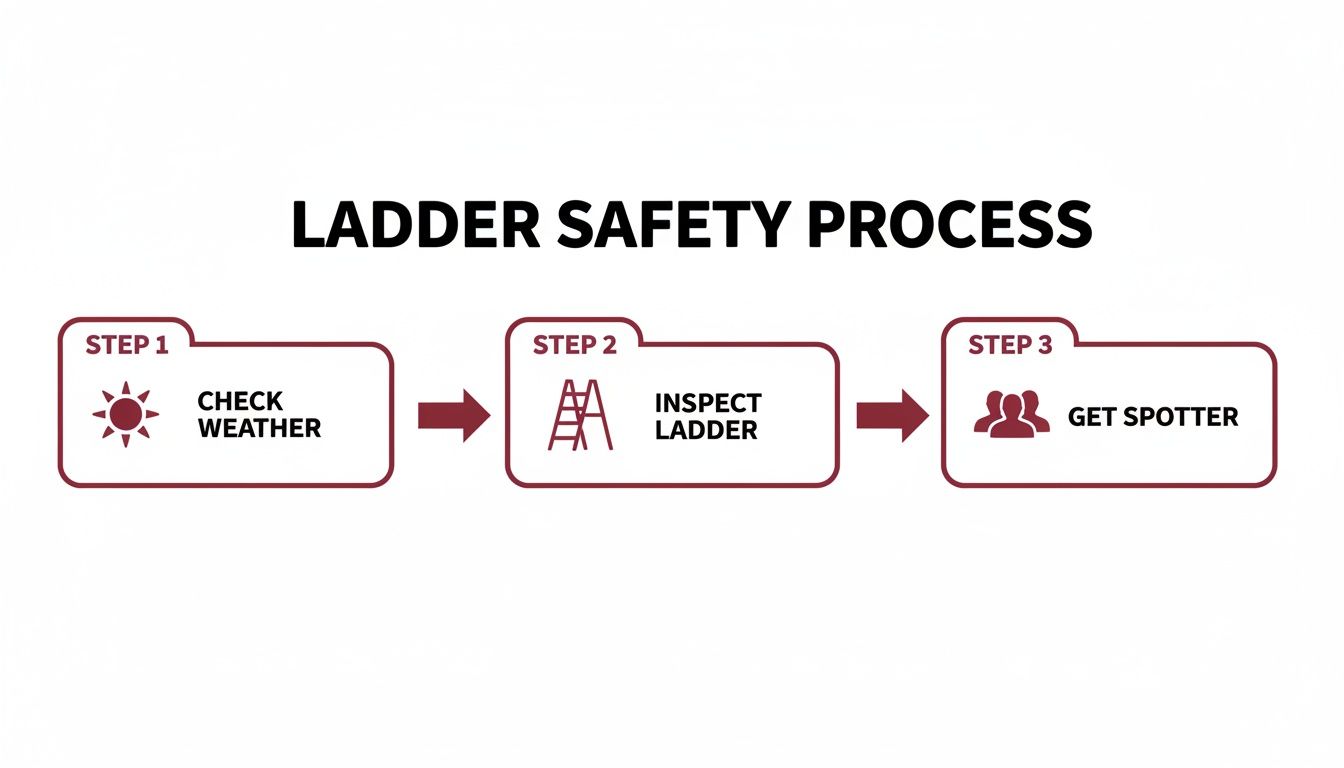 How To Clean Out Plumbing Vent Safely &Amp; Effectively In De, Pa, And Nj 2 An Infographic Illustrating The Three-Step Ladder Safety Process: Check Weather, Inspect Ladder, Get Spotter.