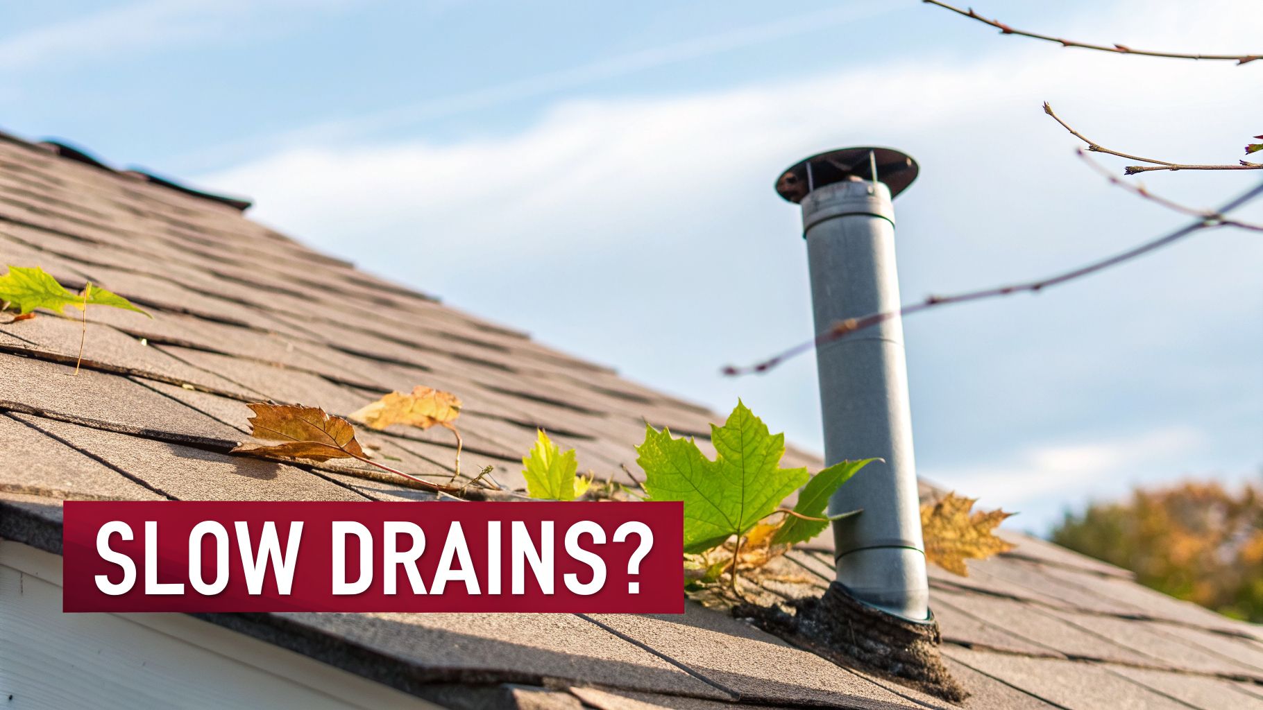 How To Clean Out Plumbing Vent Safely &Amp; Effectively In De, Pa, And Nj 1 Fallen Autumn Leaves On A House Roof Near A Vent Pipe With 'Slow Drains?' Text.