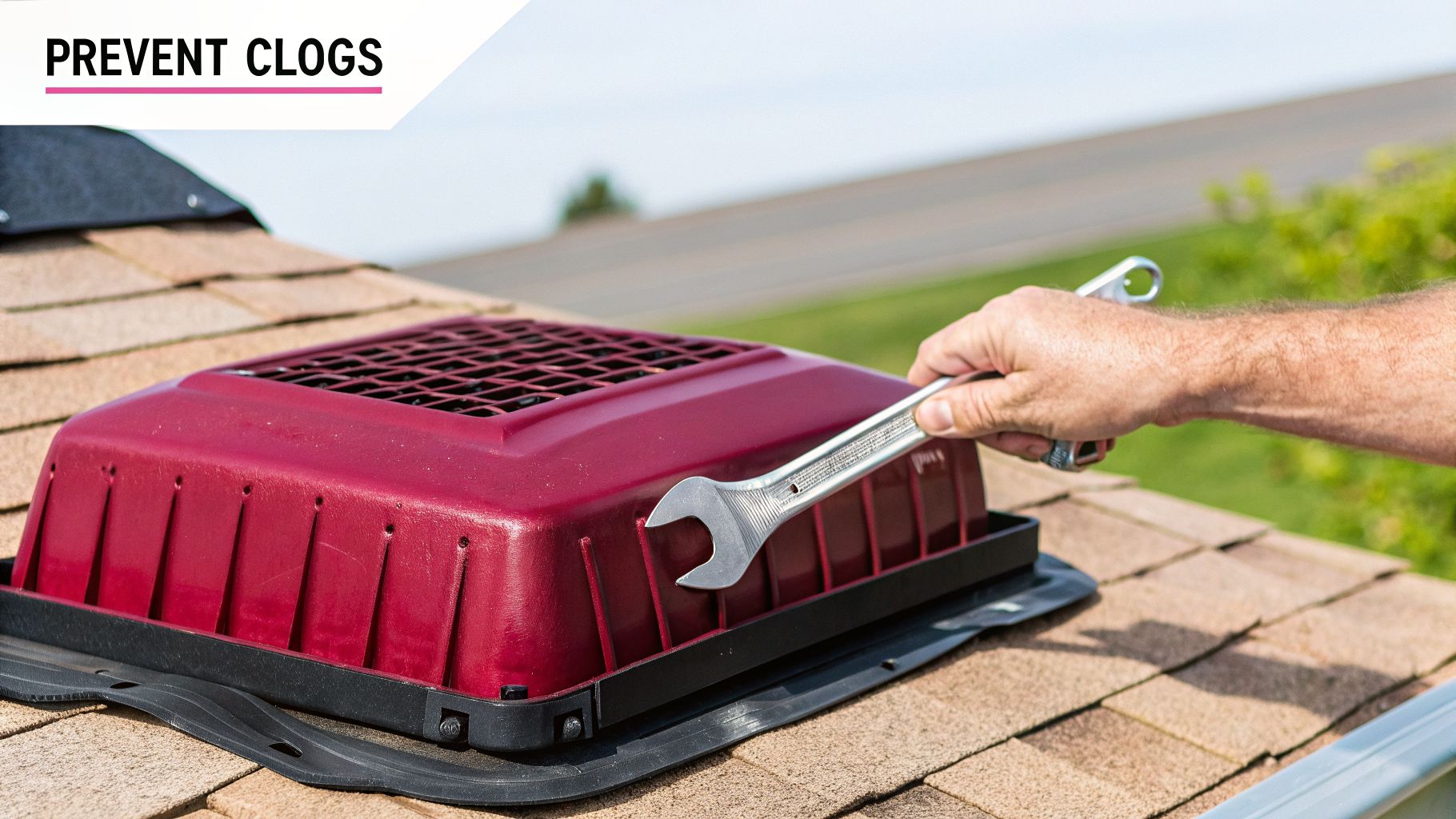 How To Clean Out Plumbing Vent Safely &Amp; Effectively In De, Pa, And Nj 3 A Person Uses A Wrench To Perform Maintenance On A Red Plumbing Vent On A Shingled Roof.