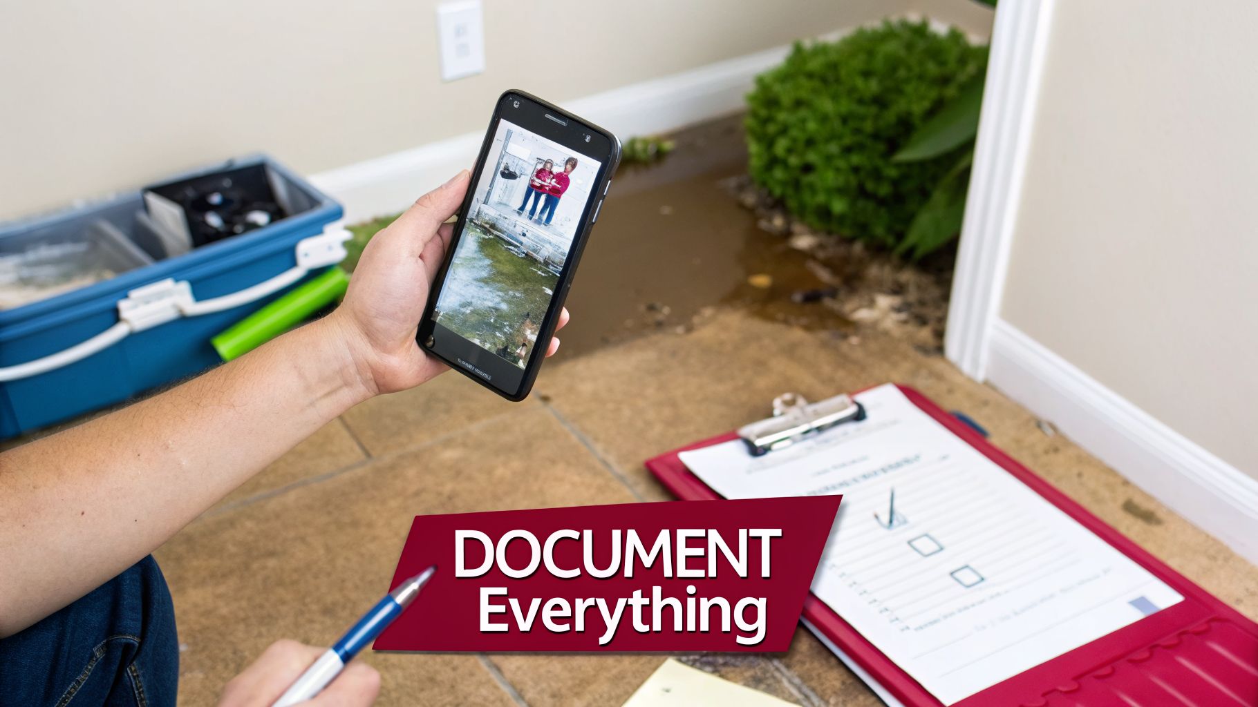How To File An Insurance Claim For Water Damage In 2026 3 Person Documenting A Flood With A Smartphone, Pen, And Clipboard, Stressing Thorough Water Damage Claims.