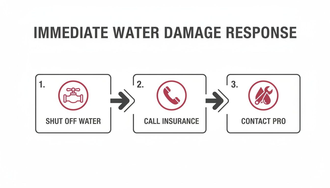 How To File An Insurance Claim For Water Damage In 2026 1 A Three-Step Guide For Immediate Water Damage Response: Shut Off Water, Call Insurance, Contact A Professional.