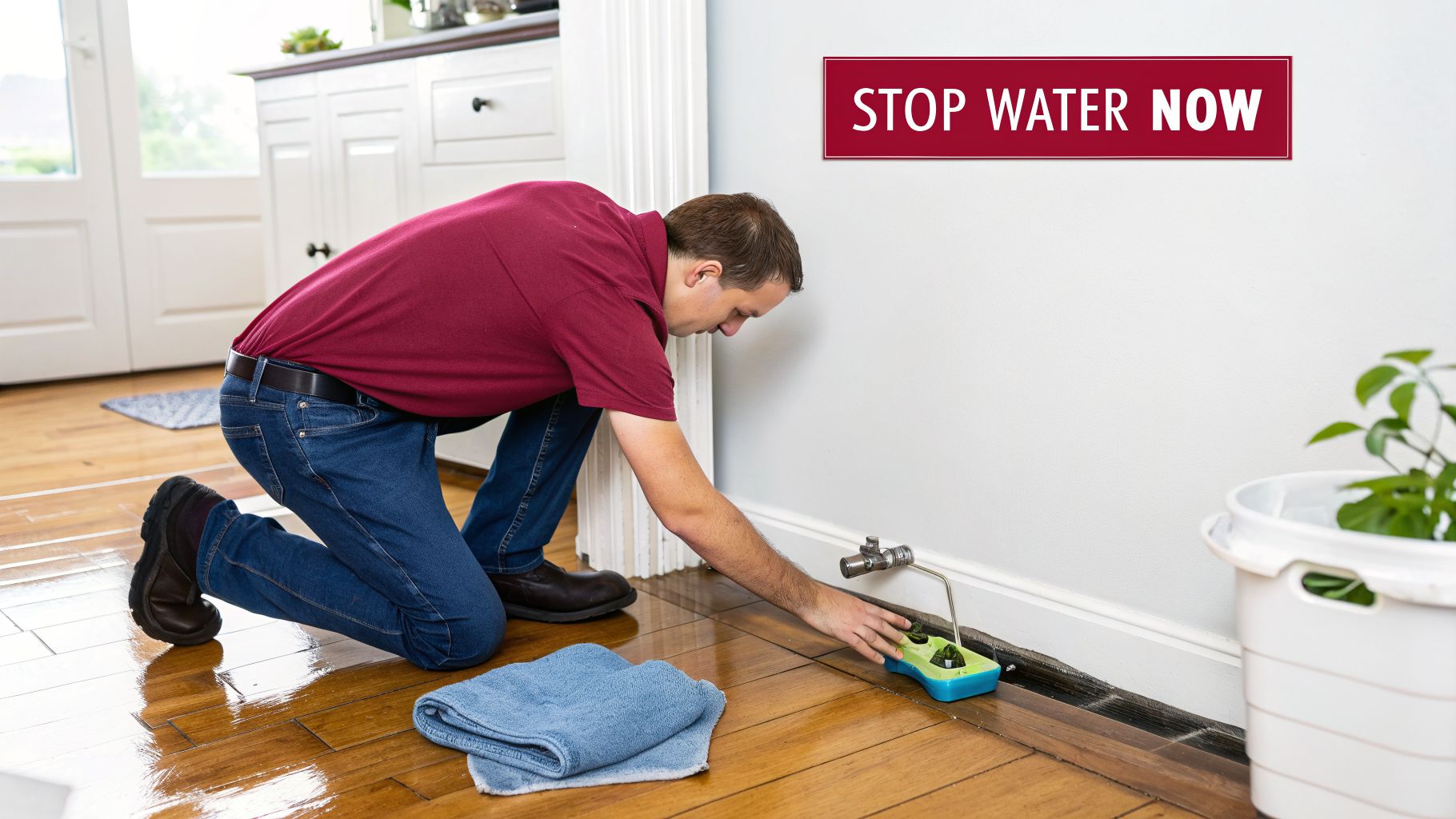 How To File An Insurance Claim For Water Damage In 2026 2 A Man Kneels On A Wooden Floor, Using A Water Leak Detector Next To A Pipe, With A 'Stop Water Now' Sign Above.