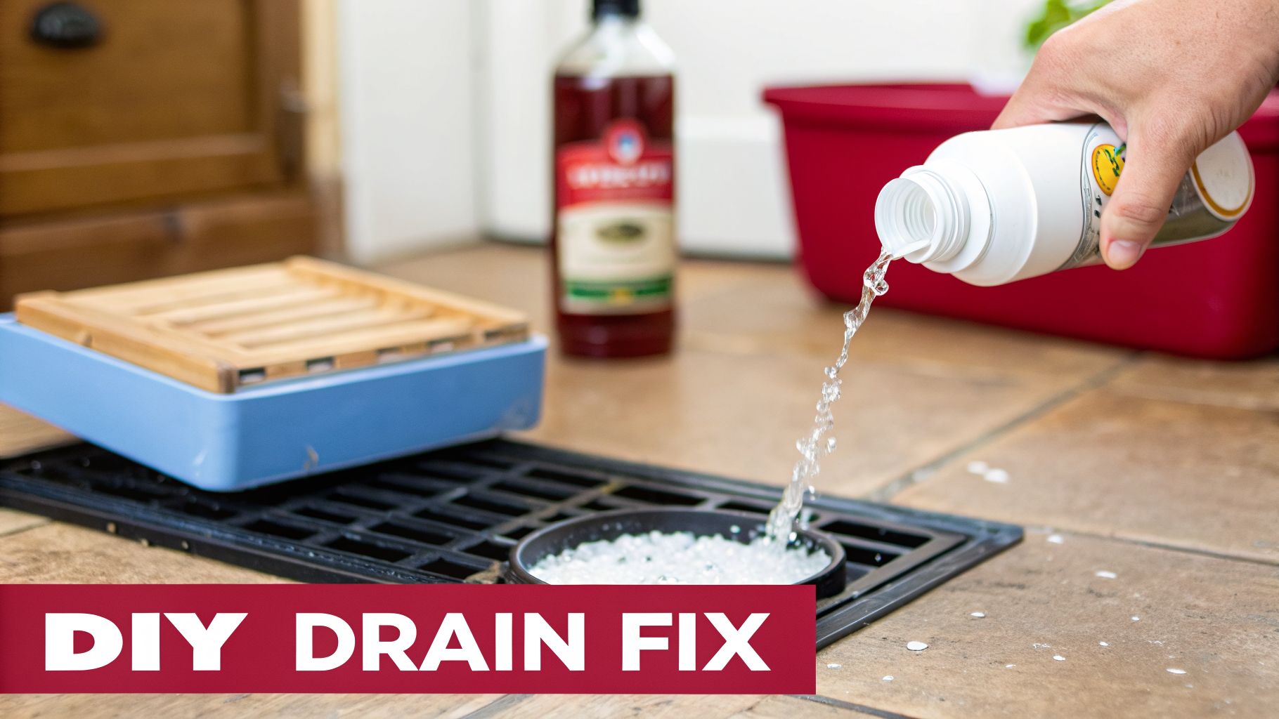 Solved: How To Get Rid Of Sewage Smell In Basement Fast 3 A Person Pours Liquid From A White Bottle Into A Floor Drain Containing White Crystals, Next To A Red Tub.
