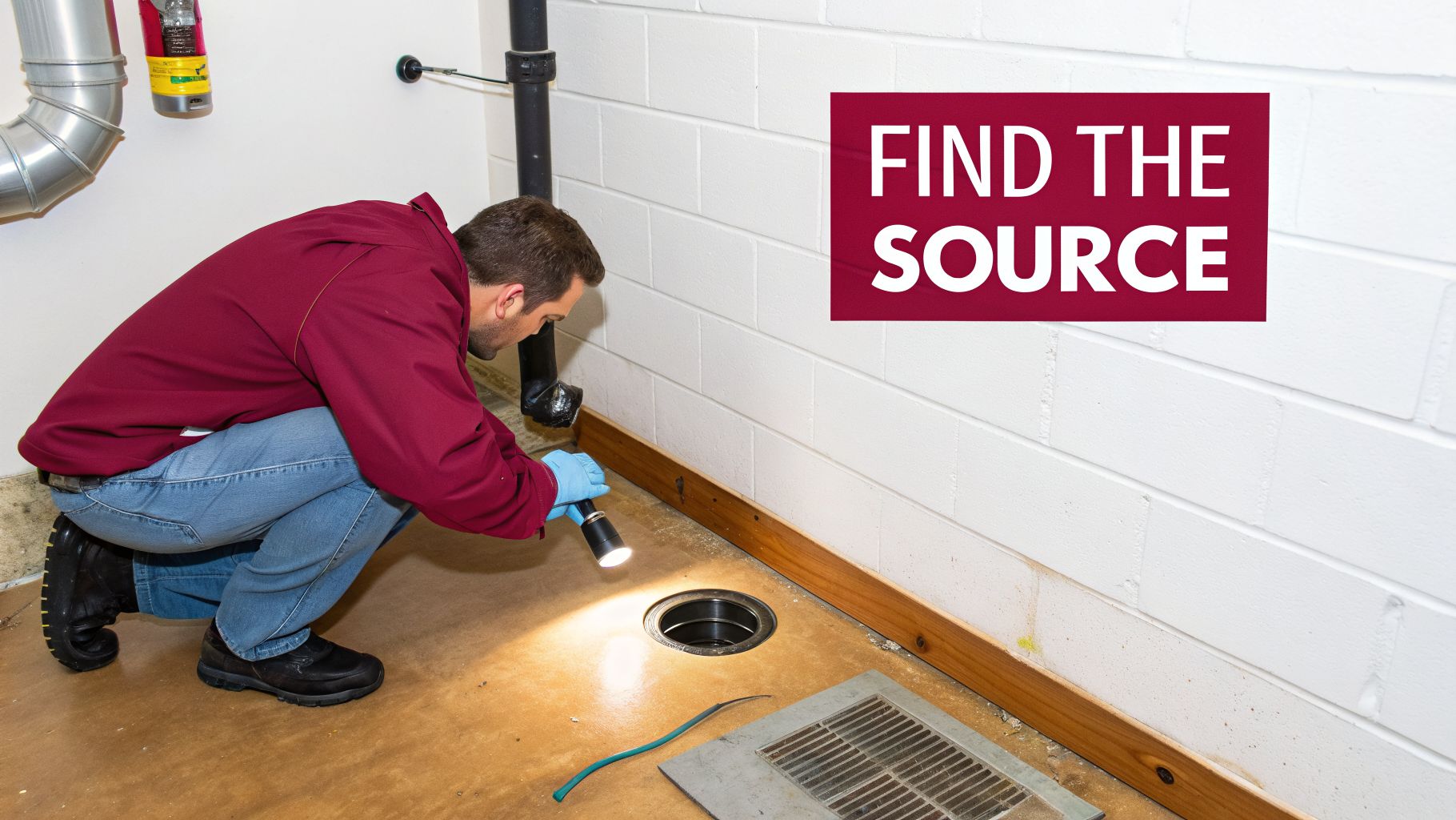 Solved: How To Get Rid Of Sewage Smell In Basement Fast 2 A Man In A Basement Shines A Flashlight Into A Floor Drain, Investigating A Potential Issue.