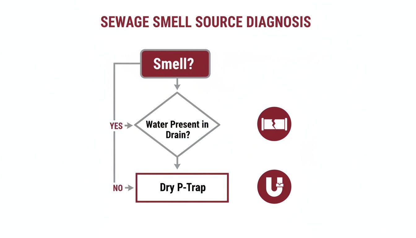 Solved: How To Get Rid Of Sewage Smell In Basement Fast 1 Flowchart For Diagnosing Sewage Smell Source, Showing Questions About Drain Water And A Dry P-Trap Solution.