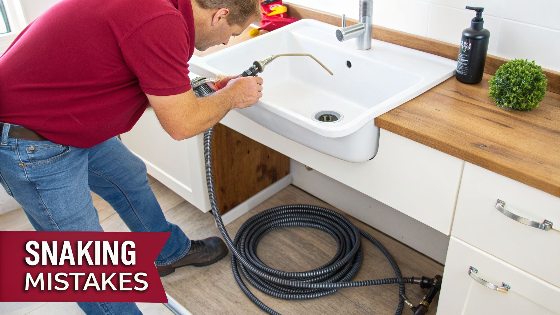 A Man In A Red Shirt Uses A Drain Snake To Clear A Clogged White Kitchen Sink.