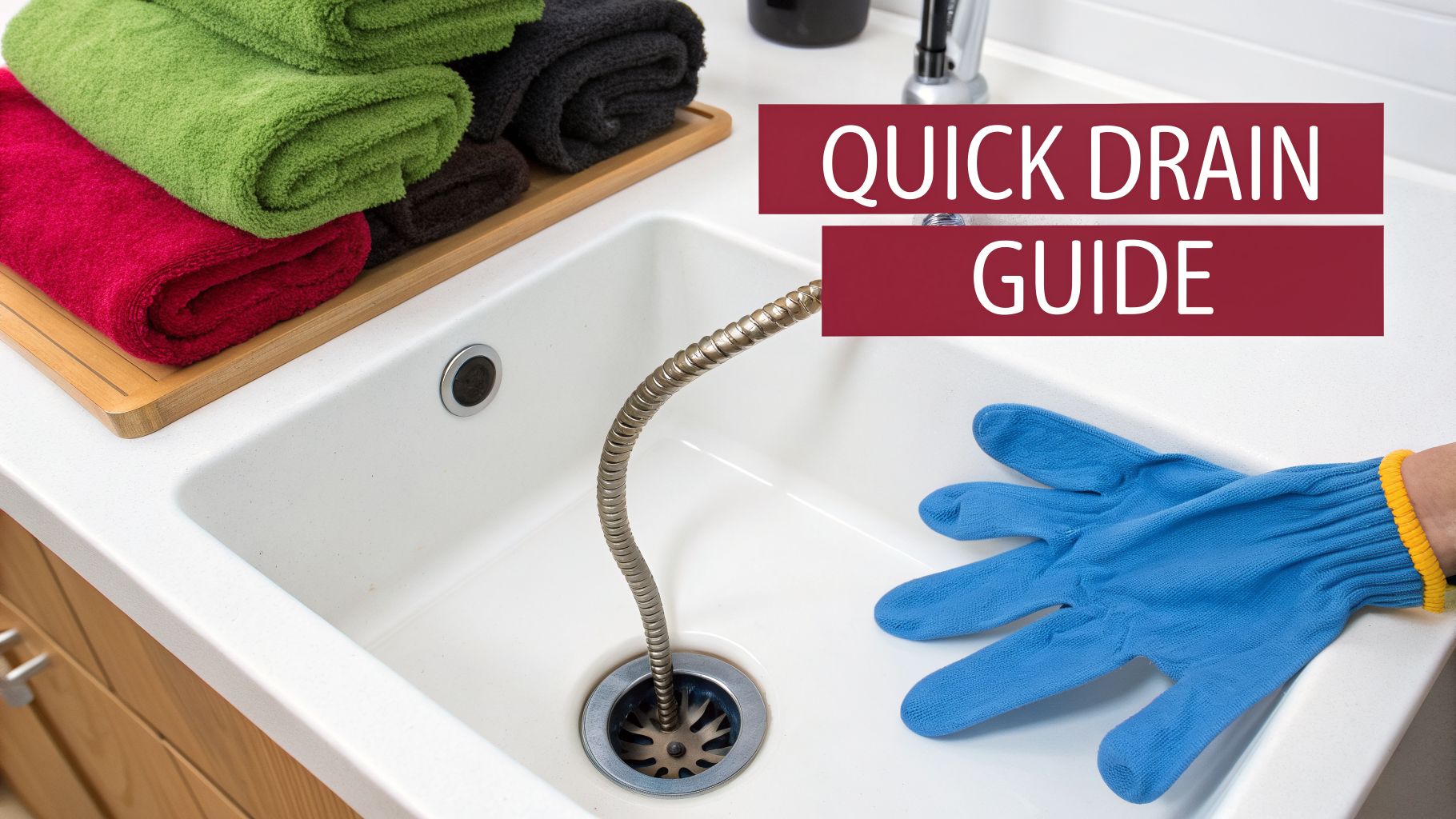 A Drain Snake Inserted Into A White Sink, With A Blue Glove And Towels Nearby.