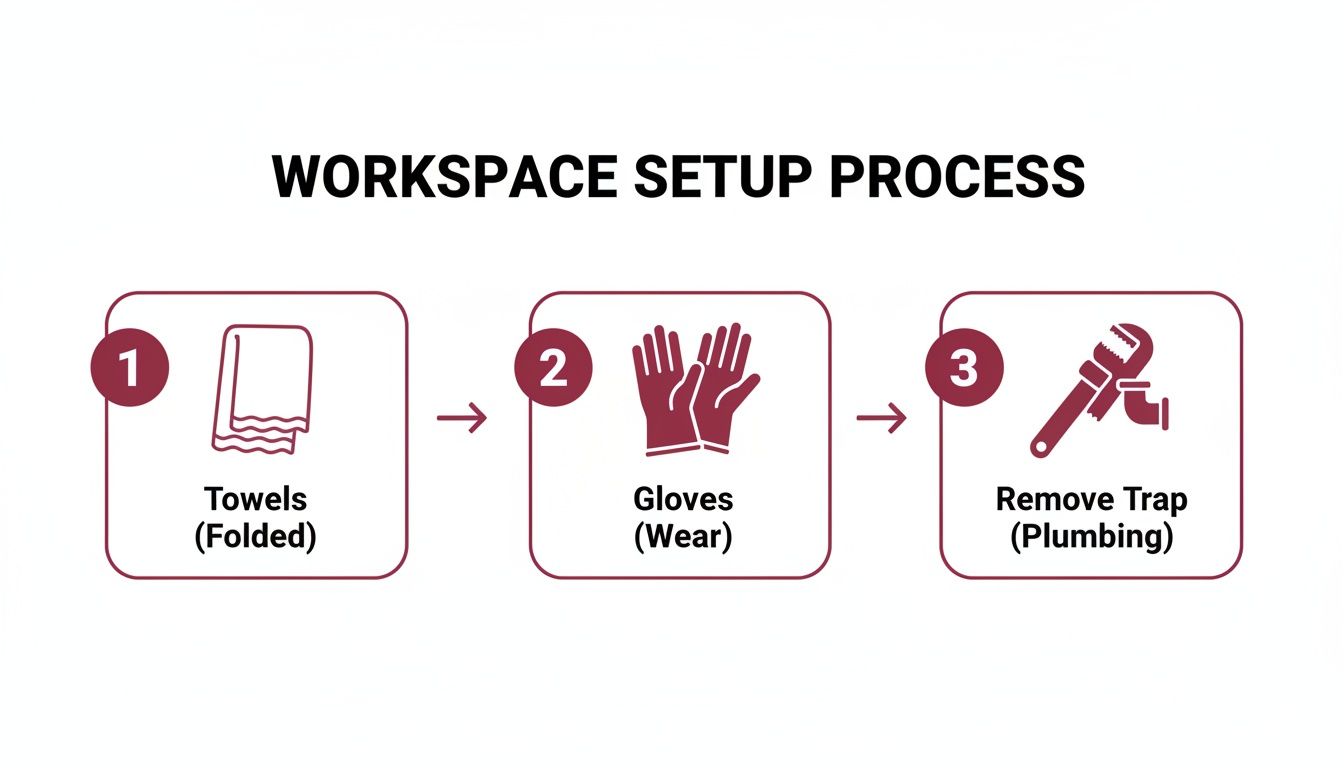 Illustrated Steps For A Workspace Setup Process, Showing Towels, Gloves, And Plumbing Trap Removal.