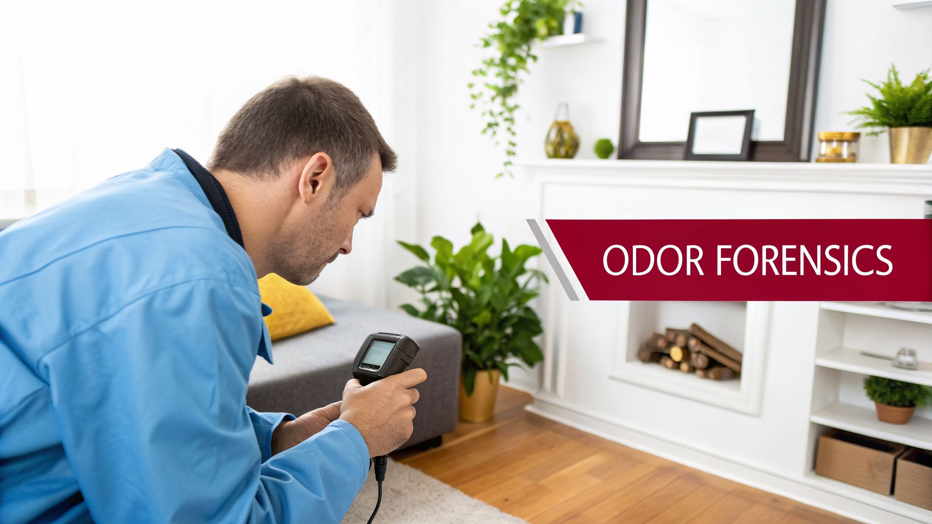 Man In Blue Shirt Using A Handheld Device To Inspect A Carpet For Odors In A Clean Living Room.