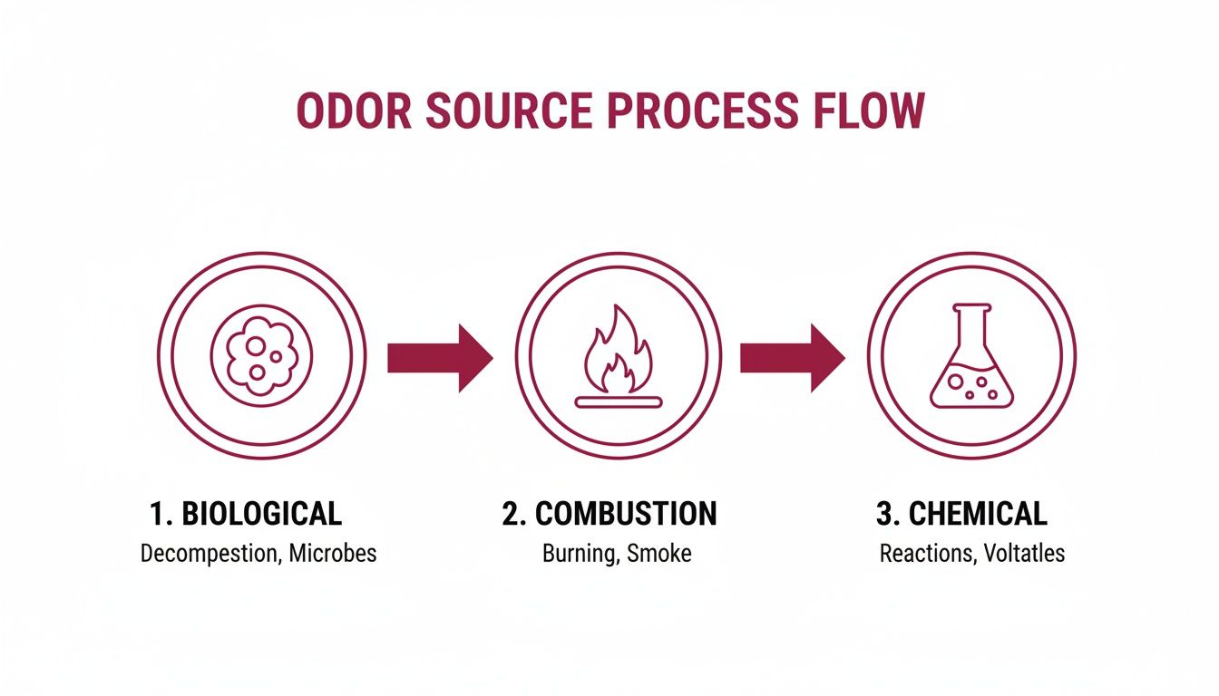 A Process Flow Diagram Illustrating Biological, Combustion, And Chemical Sources Of Odors.