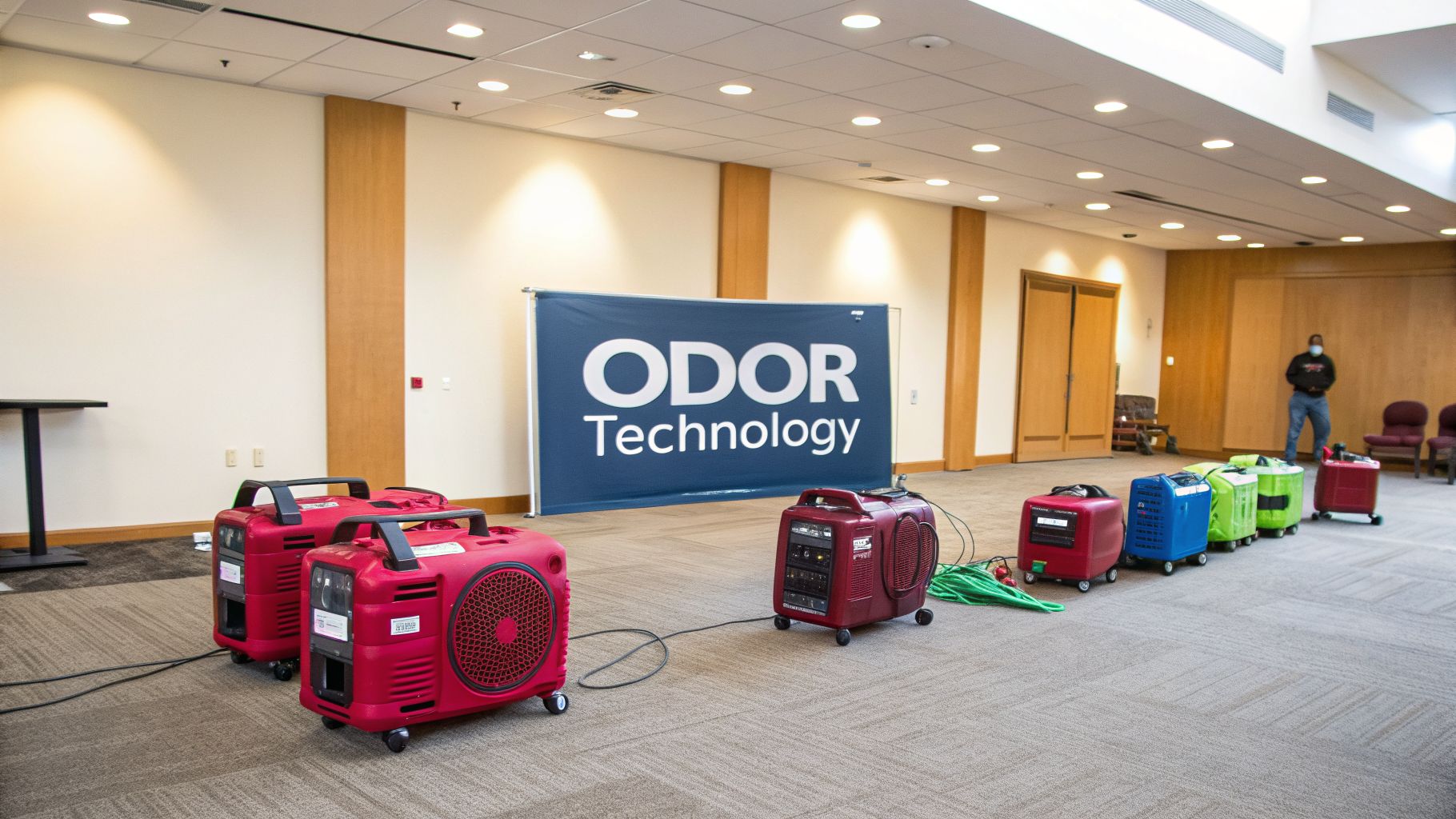 A Large Room Displays Several Red, Blue, And Green Air Purification Machines And An 'Odor Technology' Banner.